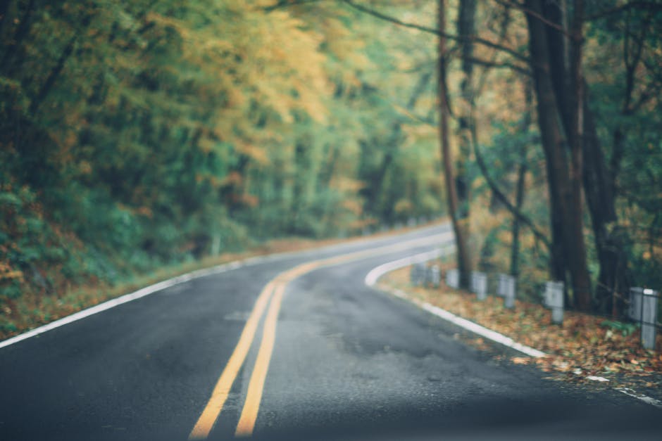 A scenic winding road through a vibrant autumn forest in Long Pond, PA.