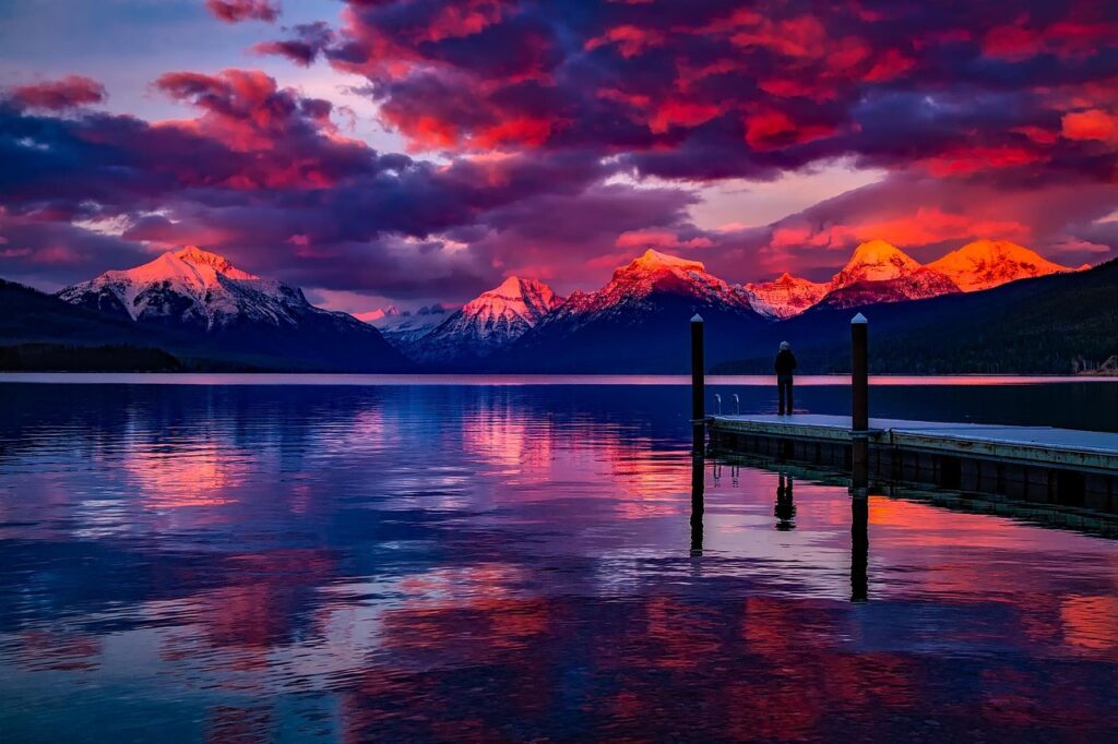 lake mcdonald, glacier national park, montana, water, reflections, sky, clouds, destinations, landscape, scenic, nature, outdoors, vacation, holiday, tourism, country, rural, wilderness, pier, lady, woman, sunset, twilight, dusk, evening, beautiful, hdr, mountains, montana, montana, montana, montana, montana