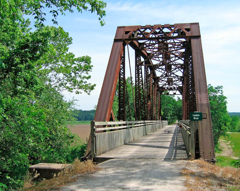 Breathtaking view of a historic iron bridge crossing the Lamine River on a sunny summer day.