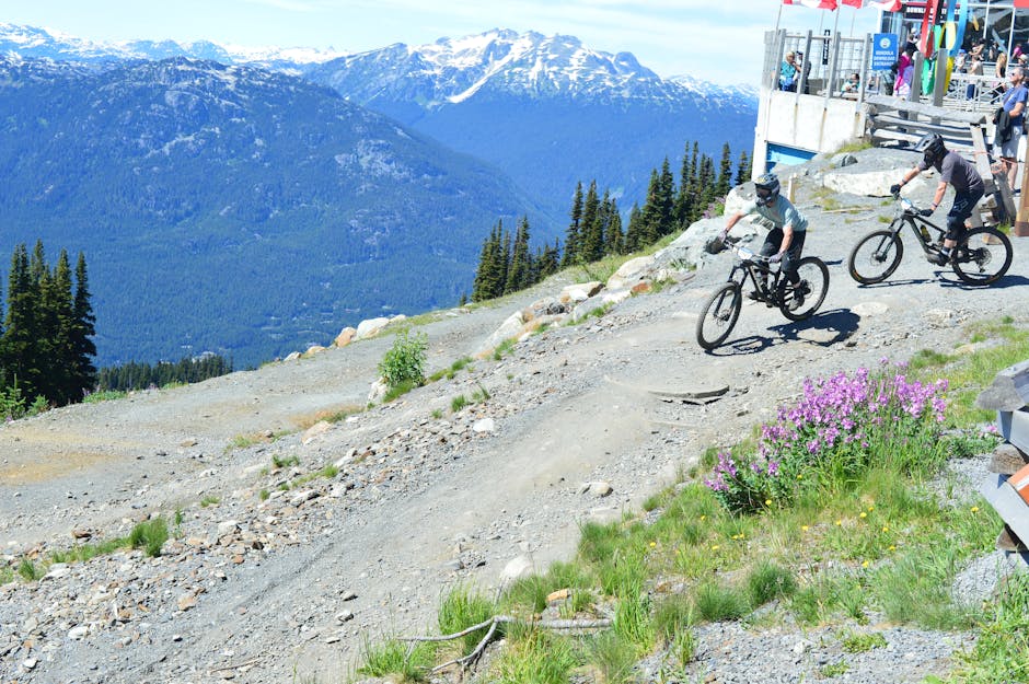 Cyclists racing down a scenic mountain trail in Whistler, BC, with stunning alpine views.