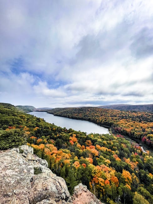 Breathtaking aerial view of fall foliage at Lake of the Clouds in Michigan's Porcupine Mountains.