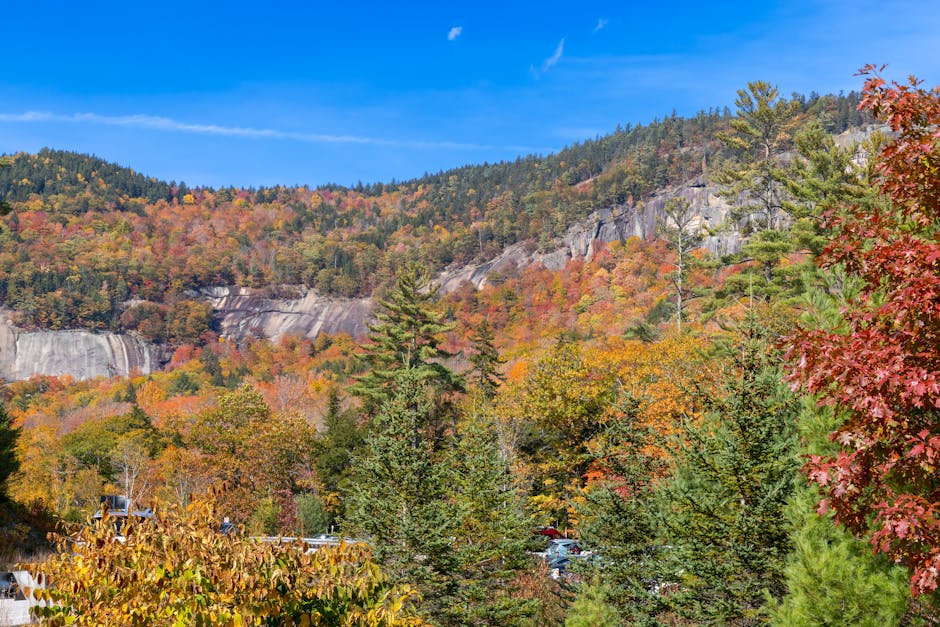 Breathtaking autumn landscape of Franconia Notch, New Hampshire with vibrant foliage and mountain views.