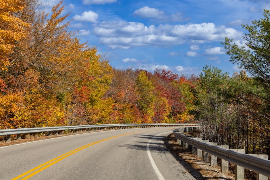 Vibrant fall foliage along a winding road in Franconia, NH, under a clear blue sky.