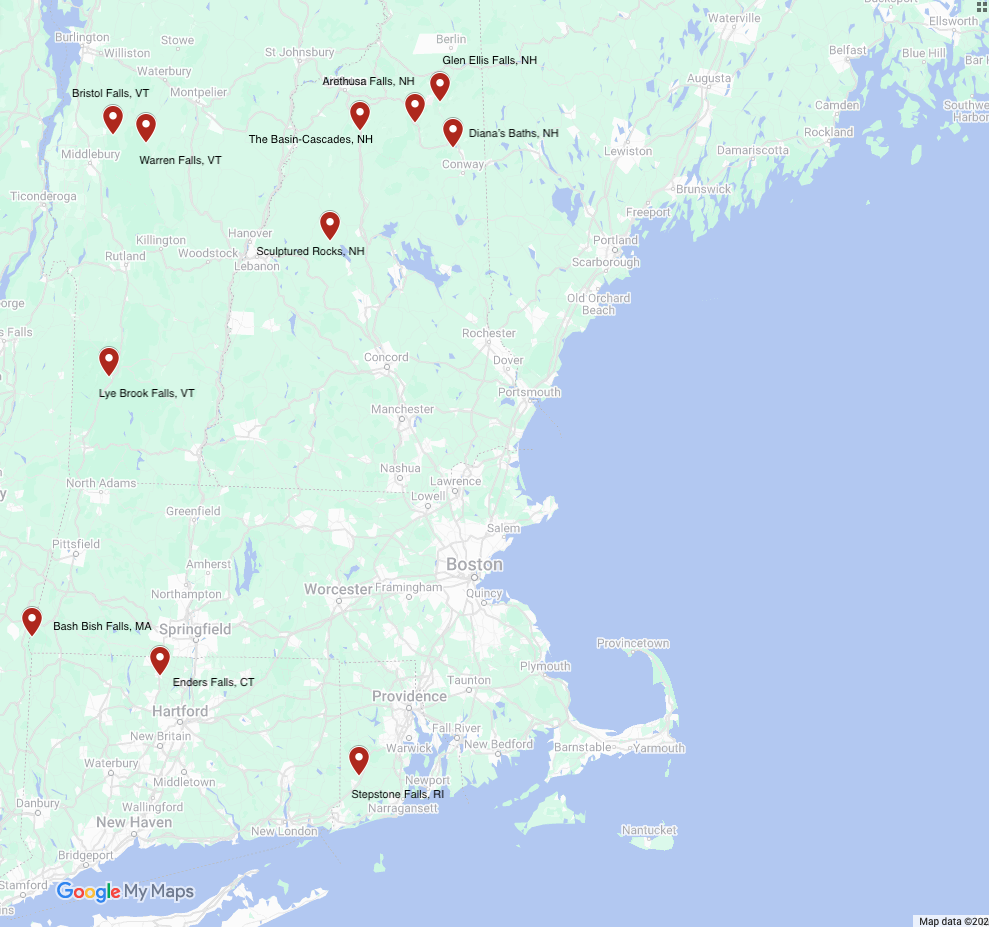 Map of New England with all the Waterfall Hikes mentioned in this blog post.
