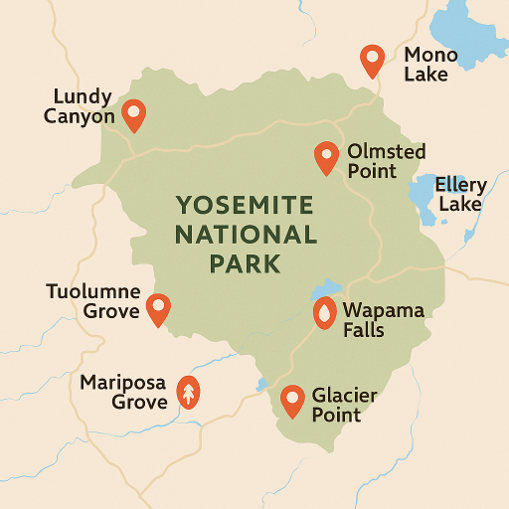 Map highlighting: Mono Lake, Lundy Canyon, Olmsted Point, Wapama Falls, Ellery Lake, Mariposa Grove, Tuolumne Grove, Glacier Point - all in relation to Yosemite national park