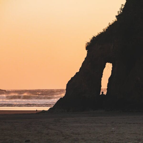 Beautiful sunset at Neskowin Beach, Oregon, featuring coastal rock formations and vibrant skies.