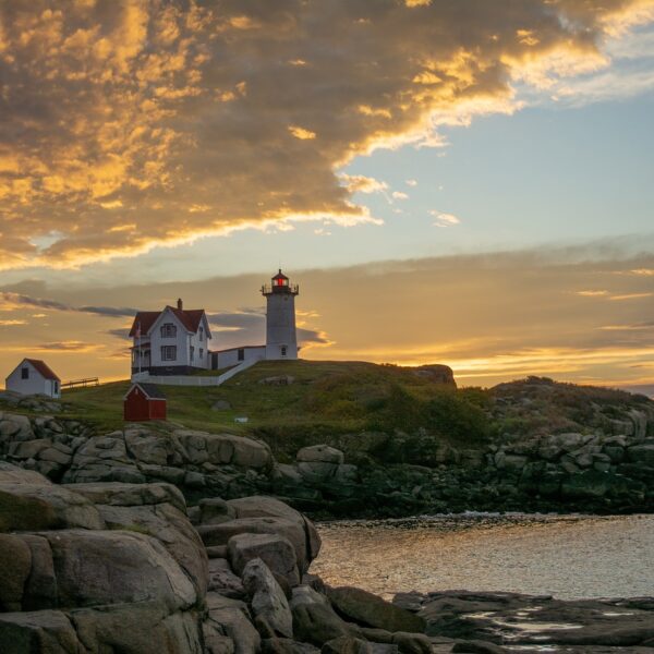 lighthouse, sunrise, goldenlight, nature, nubble, maine, new england, york maine, coast