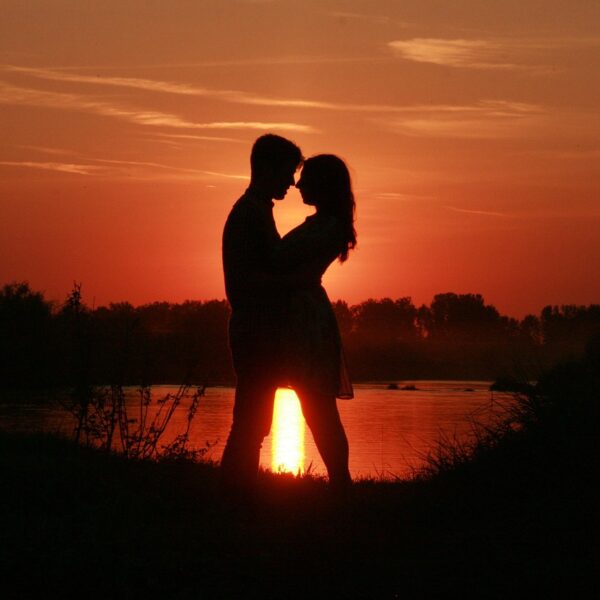 couple, love, sunset, water, nature, sun, the shadow, romance, in the evening