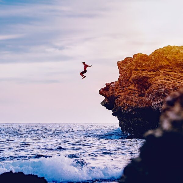 california, sea, ocean, waves, man, cliff diving, rocks, formations, nature, sunset, dusk, seaside, seashore, hdr, sky, clouds