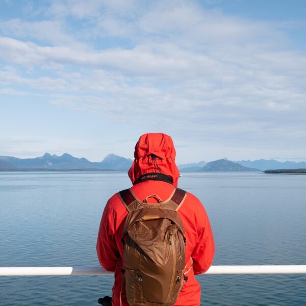 orange jacket, man, mountains, nature, landscape